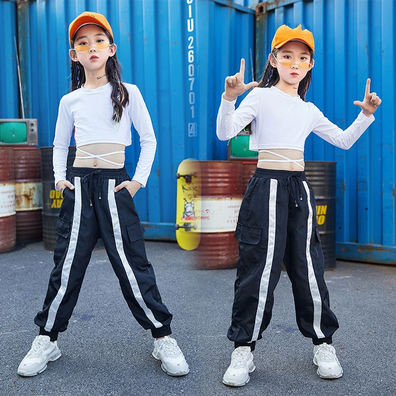 子供クールヒップホップの服白スウェットシャツトップ作物因果ためのジャズ社交ダンス衣装服着用 4-16T