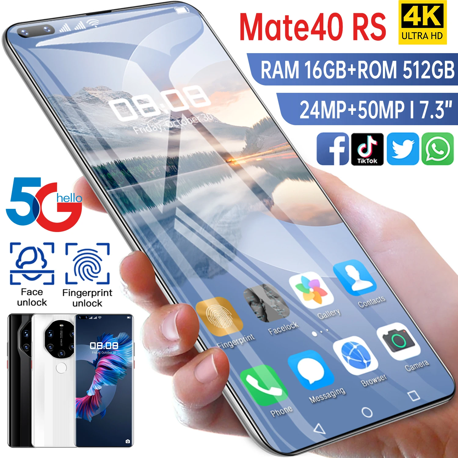 HUAWE Mate40 RS Global Version Smartphone 50 MP Camera 16G 512G MTK6889+ Deca Core 6800mAh 7.3 Inch 5G Undefined Mobile Phone