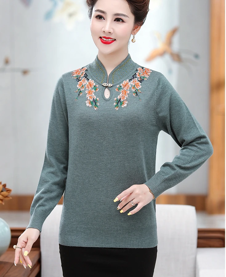 Осенний шерстяной свитер женщин среднего возраста пуловер свитер с длинными рукавами свободный свитер с высоким воротом размера плюс джемпер F727