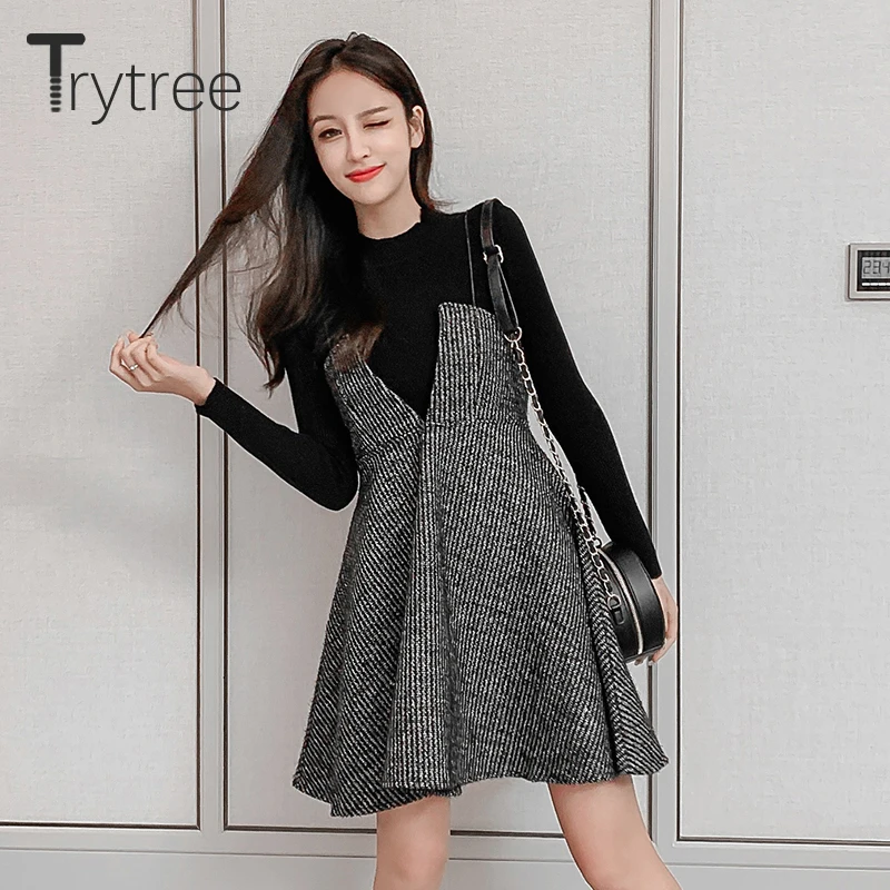 Trytree, осенне-зимний комплект из двух предметов, Повседневный свитер с высоким воротом, вязаный Топ+ платье на бретельках, мини Свободный А-силуэт, комплект из 2 предметов