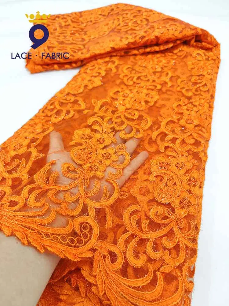 

Jacquard Style Orange Net Tulle Lace For French Fashion Women Wedding Celebration Dresses Sequined Net Mesh Laces Material