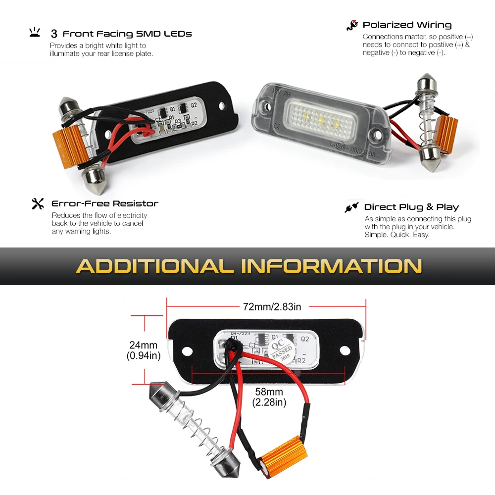 2 Pcs 3-SMD LED License Plate Light For Benz W164 W251 GL350 ML350 GL450 GL550