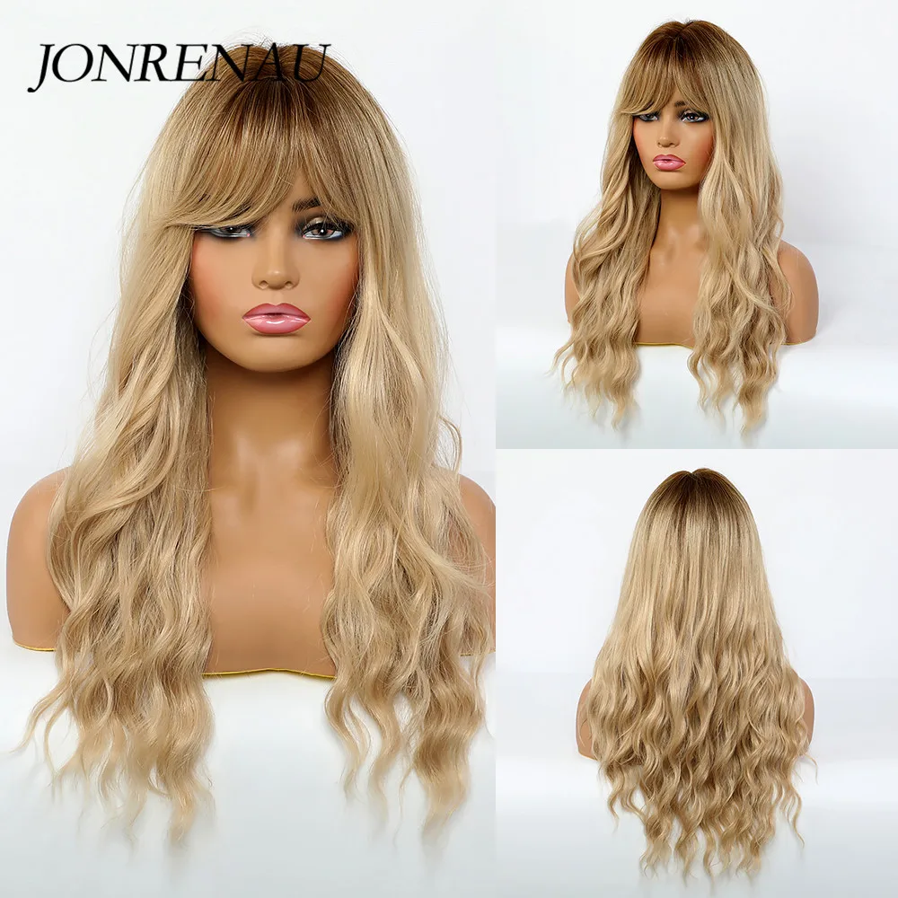 

JONRENAU Synthetic Dark Root Ombre Blonde Water Wave Hair Trendy Cosplay Wigs with Neat Bangs for White/Black Women Everyday Wig