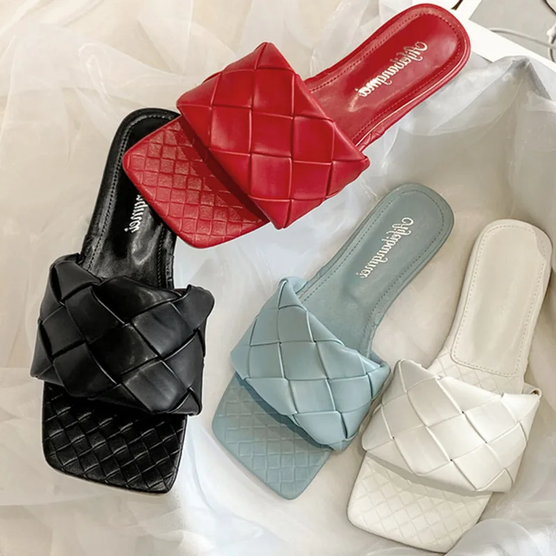 

Slippers Women Brand Shoes Summer Slides Square Toe Flat Sandals Weaving Casual Shoes Women Sandals Female Beach Flip Flops