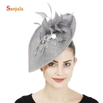 

Elegant Grey Heats for Women Important Party Headwear 2020 Newly Lace Bridal Wedding Hats Feathers Fascinators H386