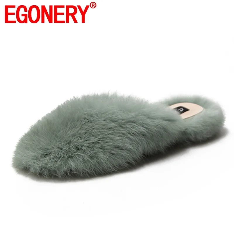 EGONERY/домашние тапочки с кроличьей шерстью модные милые женские шерстяные сандалии Размеры 35-39 CN/зеленая теплая плюшевая женская обувь на плоской подошве