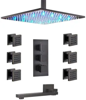 

Thermostatic LED Shower Systems With 6 PCS Body Jets 16 Inch Oil Rubbed Bronze Ceiling Rainfall Showerhead And Spout Tub Set