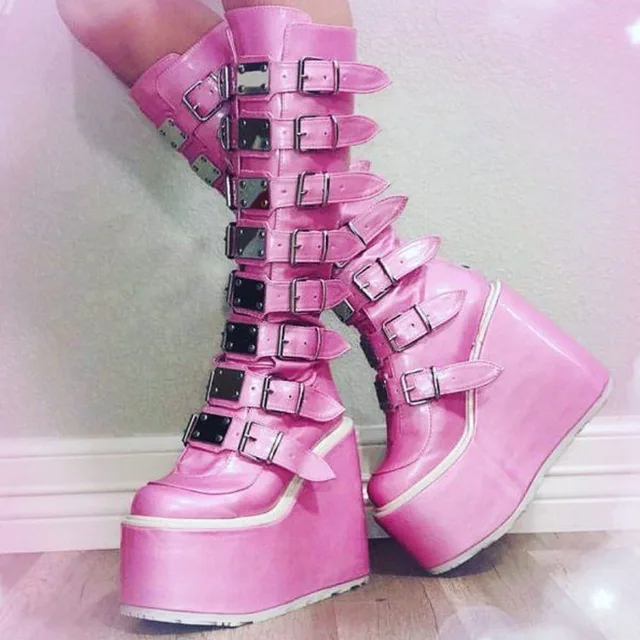 Platform Wedges Motorcycle Boots Buckle 