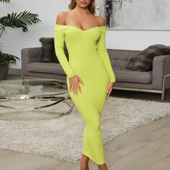 

Bikitique Solid Straight Neck Long Sleeve Knitted Elastic Tight Sexy Dress Women Backless Hip Bodycon Party Dress Winter Dress