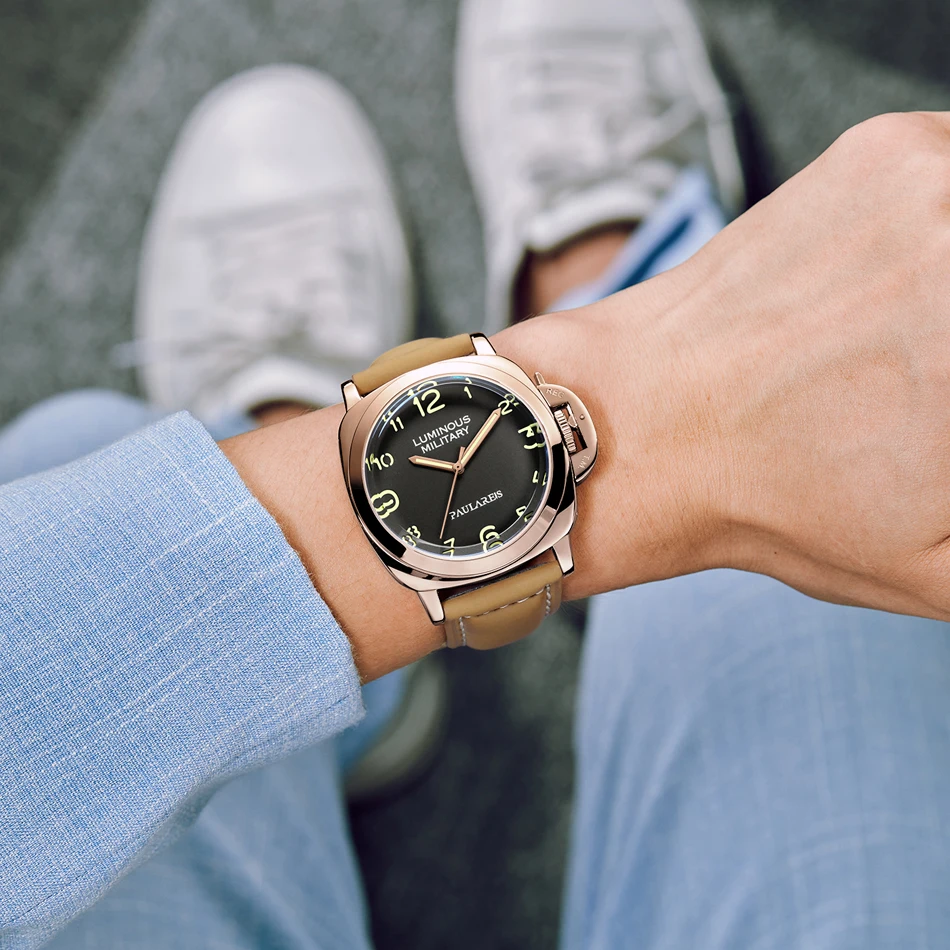 Men Automatic Self Wind Mechanical Genuine Brown Leather Strap Yellow Green Military Luminous 44mm Luxury Rose Gold Watch