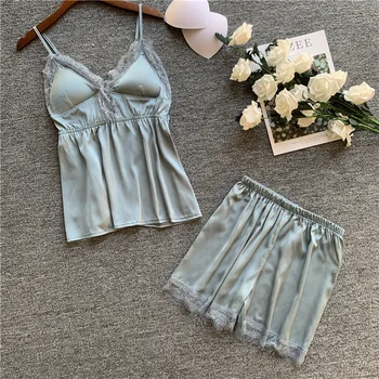 

2 PCS Faux Silk Woman Pajamas Comfort Satin Soft Sleepwear Sexy Sleeveless Strap Sling And Shorts Nightwear Summer Homewear