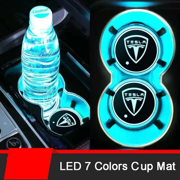 

2pcs Car LED Light Cup Holder Drink Holder Colorful Anti-Slip Mat For Tesla Roadster Model X 3 S Cybertuck Interior Accessories