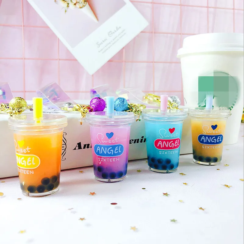 

Fashion Car Keychain Creative Milk Tea Cup Liquid Crystal Quicksand Sequin Key Ring Bag Pendant for Women Bag Keyrings Jewelry