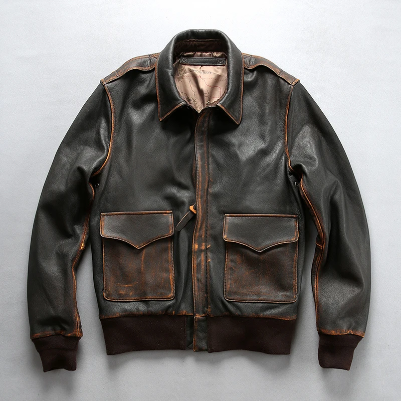 men's winter genuine leather coats & jackets America air force A2 flight jacket men vintage genuine leather jacket men goat skin bomber jacket male stylish pilot coat brown cowhide jacket mens