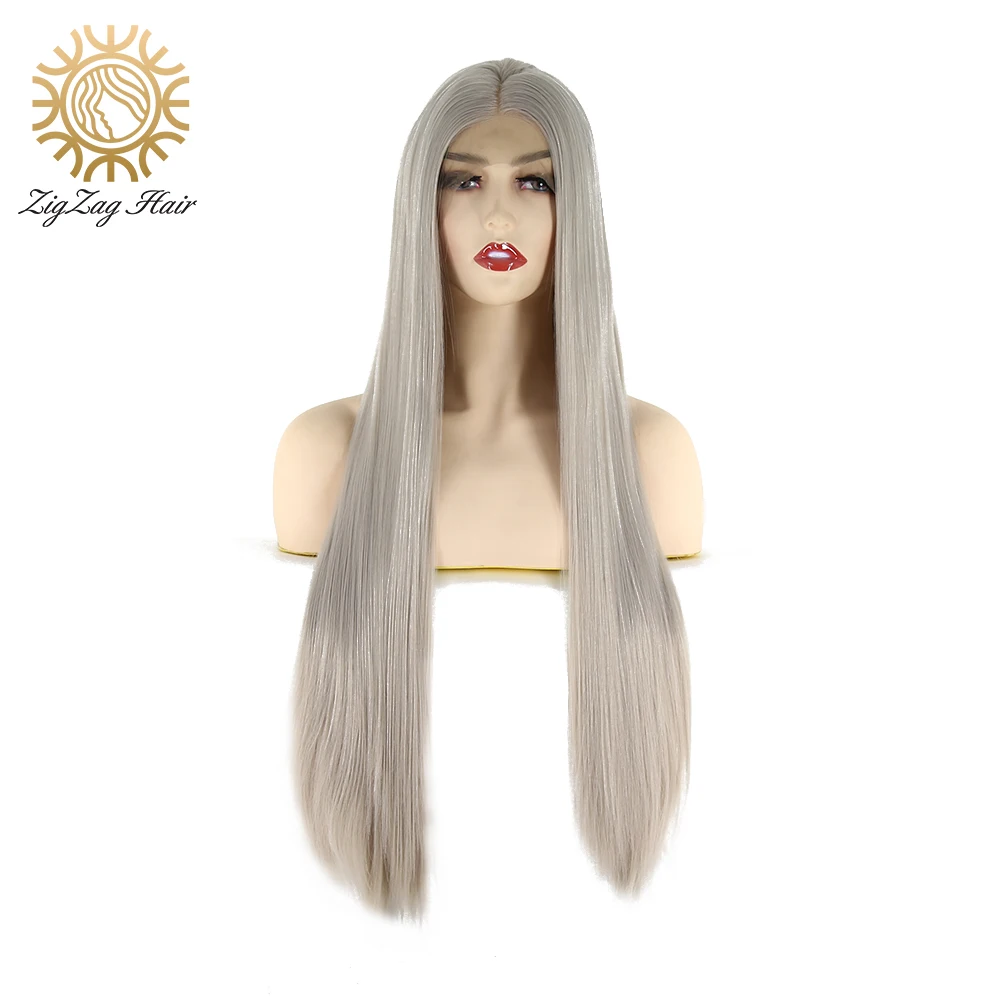 

ZigZag Silver Grey Straight Synthetic Lace Front Wigs for Black Women Long Natural Glueless Heat Resistant Fiber Hair Daily Wear
