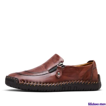 

Valstone Men's Leather casual Shoes handmade Loafers vintage moccasin slip on Rubber flats Anti-skid Zip opening Plus size 38-48