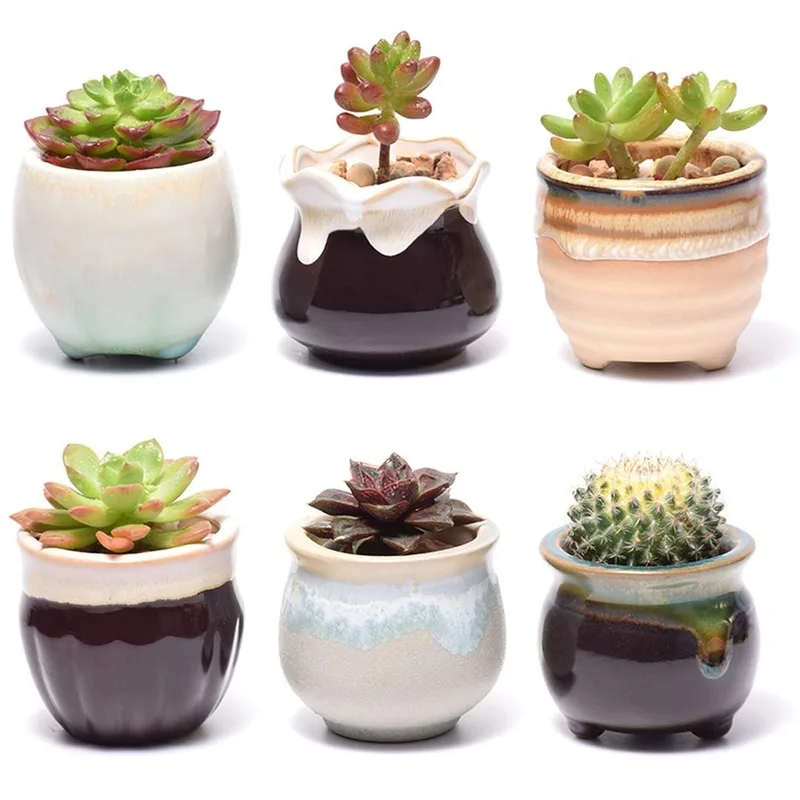 Succulent Pots 6 Pack Mini Ceramic Pots Small Flower Planter, Bonsai Cactus Pot with Drainage Hole Perfect Decoration Gift
