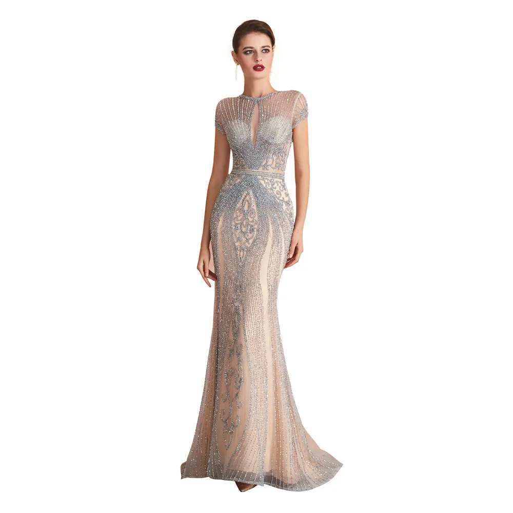 Новое поступление, vestido de festa, темно-синее, шампанское, сексуальное, с вырезами, роскошное длинное формальное платье, с бусинами, длинное очаровательное вечернее платье русалки - Цвет: Champagne ash