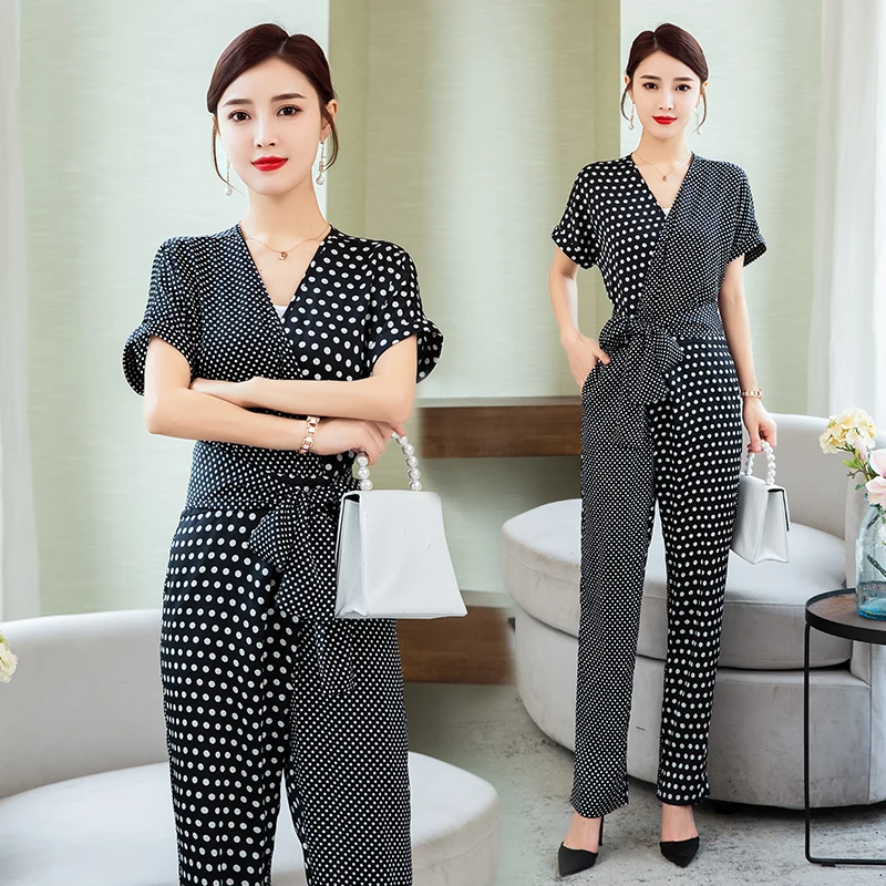 

CHUNLI Large size 2019 New polka dot printed chiffon jumpsuit female V-neck temperament was thin casual wear straight pants