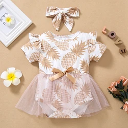 Barboteuse d'été 2 pièces pour bébé, imprimé ananas, vêtements de princesse, manches courtes, jupe avec bandeau, 0 12 mois 