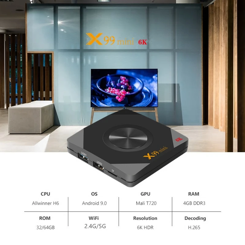 X99 Мини Android 9,0 Allwinner H6 четырехъядерный Смарт Android tv Box 2,4G/5G Wifi 4GB DDR3 64GB tv BOX 4K HD ТВ-приставка(штепсельная Вилка европейского стандарта