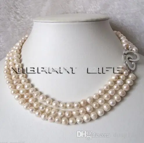 

Free shipping Wholesale price 17-19 ", 6-8mm 3Row white freshwater pearl necklace Natural Color