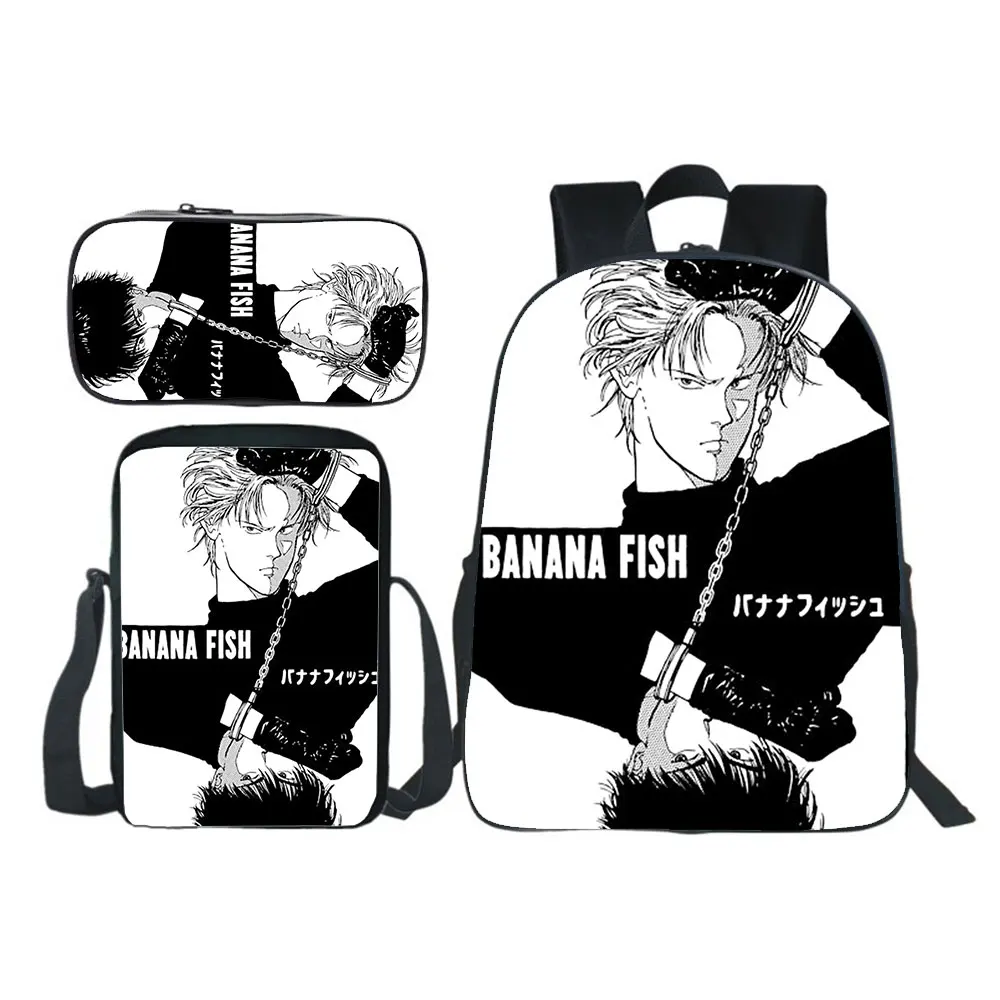 16 Inch Banana fish 3pcs Set Boys Girls School Bag Teens Bookbag Kids Rucksack Gift(backpack+shouder Bag+pen Bag)