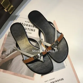 

Fashion Summer Metal Decoration Women Flip Flops Open Toe Mixed Color Outside Casual Flat Slippers Female