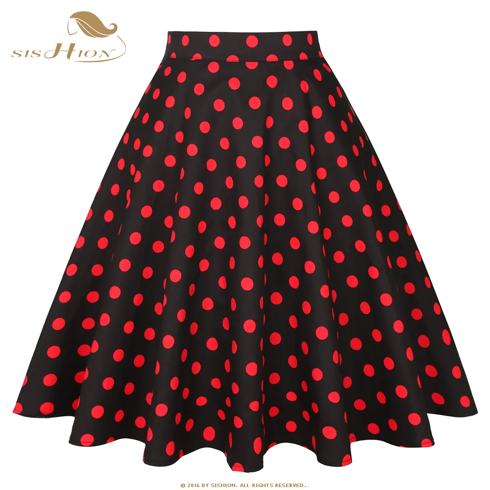 Black-Red Dots SISHION, Женская юбка миди, подиумная, Ретро стиль, рокабилли, VD0020, женские s Pinup 50 s, хлопковые юбки, высокая талия, в горошек, красная, черная юбка - Цвет: Black-Red Dots