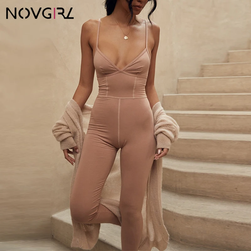 

Novgirl Spaghetti Strap Sleeveless Cotton Sexy Jumpsuit Women 2019 V Neck Skinny Striped Rompers Backless Casual Laides Overalls
