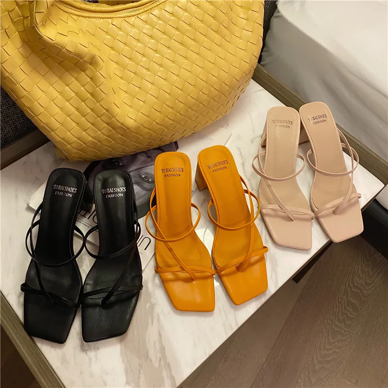 

2020 new rice white Strappy Mule Heels Sandals Slippers Women High Heels Flip Flops Square Toe Slides Party Shoes Summer Slides