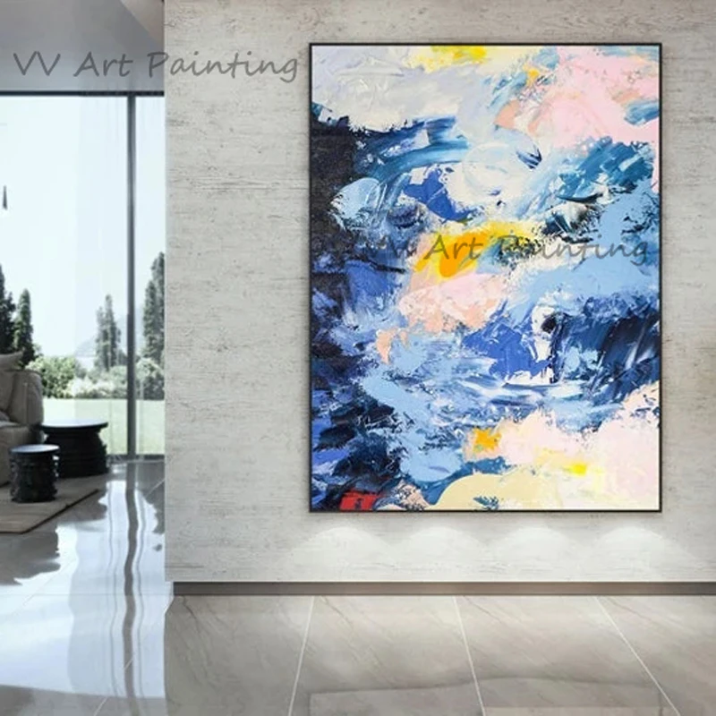 

100% ручная роспись абстрактный пейзаж, картины маслом Clouod искусство на стену синий цвет декоративный для гостиной домашний Декор без рамки