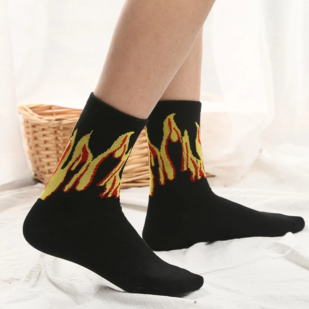 

1Pair Woman Cotton Socks Fashion Hip Hop Hit Color On Fire Socks Flame Blaze Power Torch Warmth Street Skateboard Long Socks