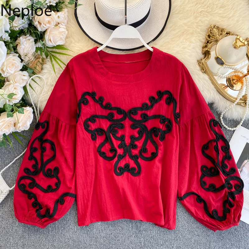 Neploe, винтажные женские блузки с вышивкой, пышные, длинный рукав, круглый вырез, пуловер, рубашка, новинка, Корейская Повседневная блуза, элегантный топ 55943
