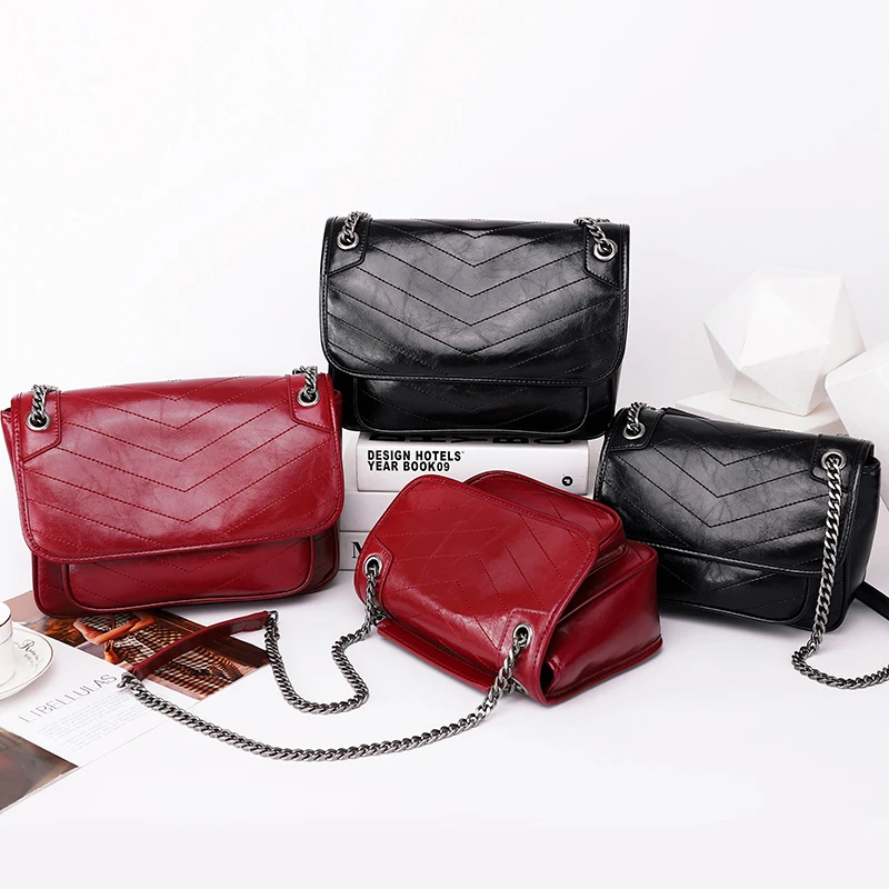 

New Ladies Bag Head Layer Cowhide Lady Fashion Messenger Shoulder Bags Diamond Chain Handbag
