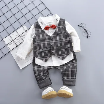 

New children's wedding suit flower girl dress baby boy gentleman vest shirt suit plaid print 3pcs baby costume dress suit