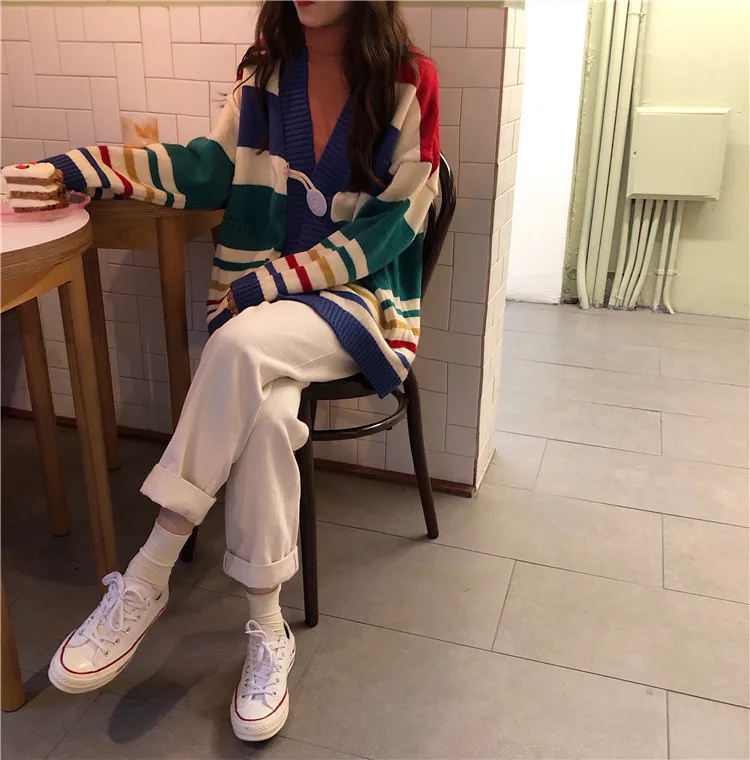 Neploe однобортный вязаный кардиган с v-образным вырезом для женщин Harajuku Rainbow stripesдлинный рукав свитер куртка негабаритные Джемперы 55237