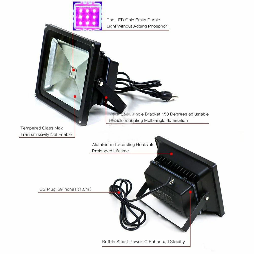 10 шт. Blacklight высокой мощности 10 Вт 20 Вт 30 Вт 50 Вт AC85-265V УФ светодиодный прожектор водонепроницаемый для вечерние в темноте Рыбалка аквариум