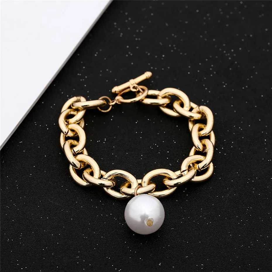 Ingemark Bohemian Imitation Pearl Pendant Bracelet Bangle Women Wedding Accessories Punk Heavy Thick Chain Bracelet Steampunk