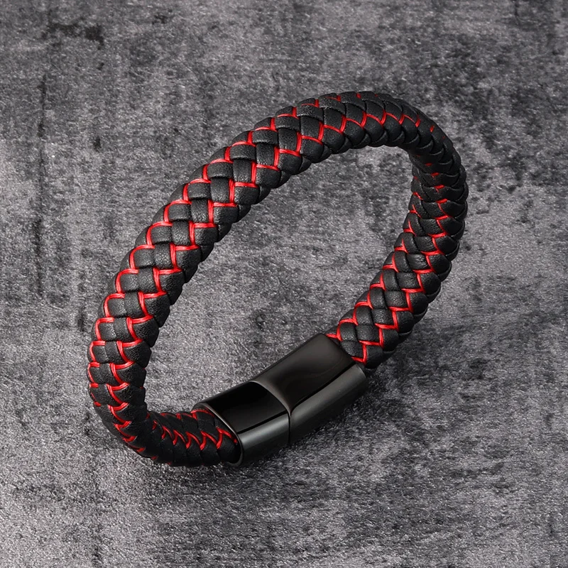 Trendy Red Genuine Leather Bracelet for Men Jewelry Multicolor Stainless Steel Magnetic Clasp Braided Wristband Male Punk Gift - Image 2