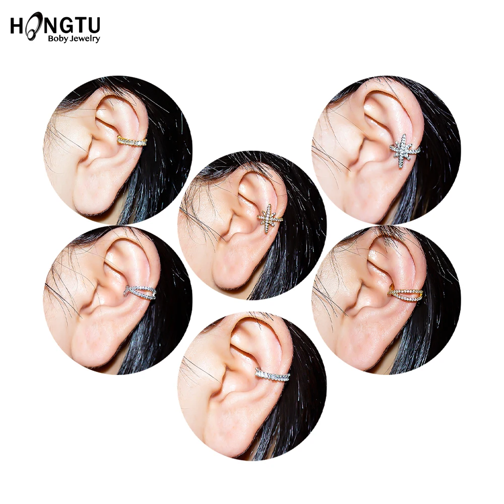 HONGTU 1PC Copper Crystal Ear Cuffs for Women Wrap Cuff Clip on Earrings No Pierce Earrings Fake Earring Piercing Jewellery 2020
