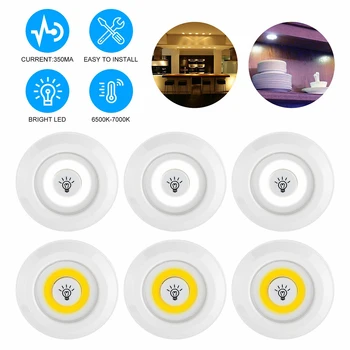 

6pc Dimmable Wireless Remote Control Cabinet Night Light COB Wireless Remote Pat Light Bedroom Wall Light Timing without Battery