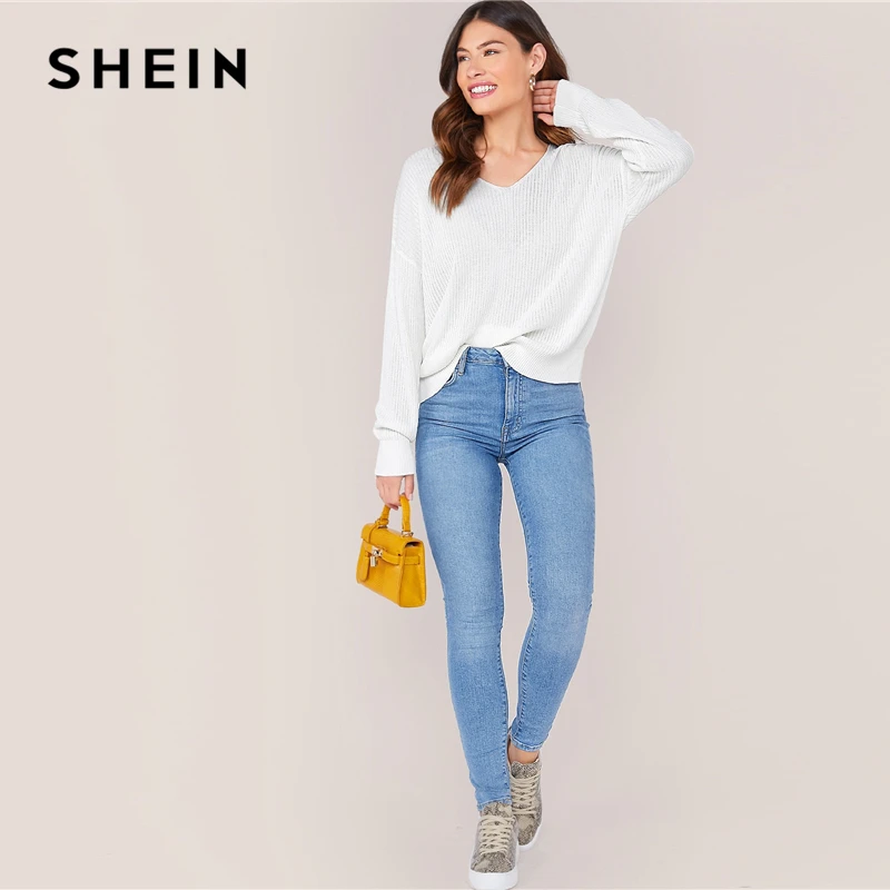 SHEIN белый Однотонный свитер с v-образным вырезом и открытыми плечами женские топы осенние Повседневные базовые офисные женксие кофты с длинными рукавами