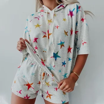 

Star Printed Womens Casual 2 Piece Set Hooded Short Sleeve Sweatshirts And Shorts Lady Suits 2020 Summer Fashion Outfits Female
