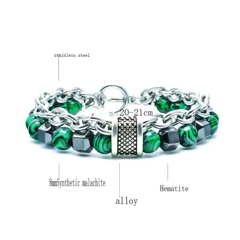 Mens Jewellery Charm Stainless Steel Bracelet for Men Malachite Black Obsidian Tiger Eye Stone Beaded Hip Hop Jewelry Pulseras