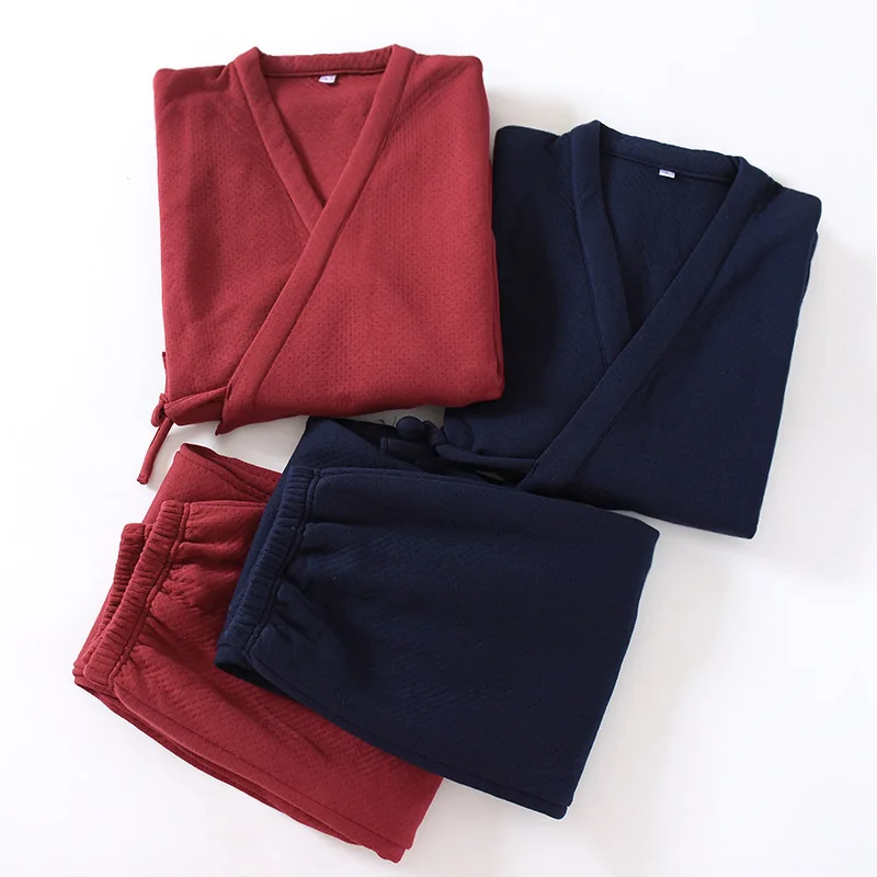 Autumn Winter Japanese Style Men's Kimono Pajamas 100% Cotton Air Layer Mixed Cotton Oversize Sleepwear Two-Piece Nightie pajama sets