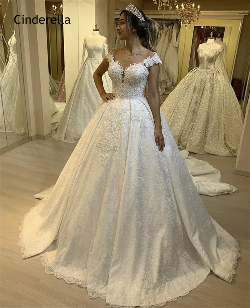 Роскошное кружевное платье Золушки с v-образным вырезом, Аппликация из бисера, покрытое пуговицами сзади, бальное платье принцессы, свадебные платья, vestido de noiva