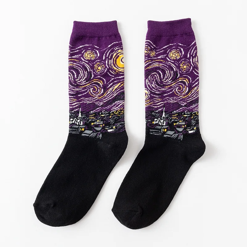1 пара разноцветных мужских носков Harajuku Веселые повседневные хлопковые носки Звездная ночь картина маслом для свадьбы Рождественский подарок - Цвет: Purplesky