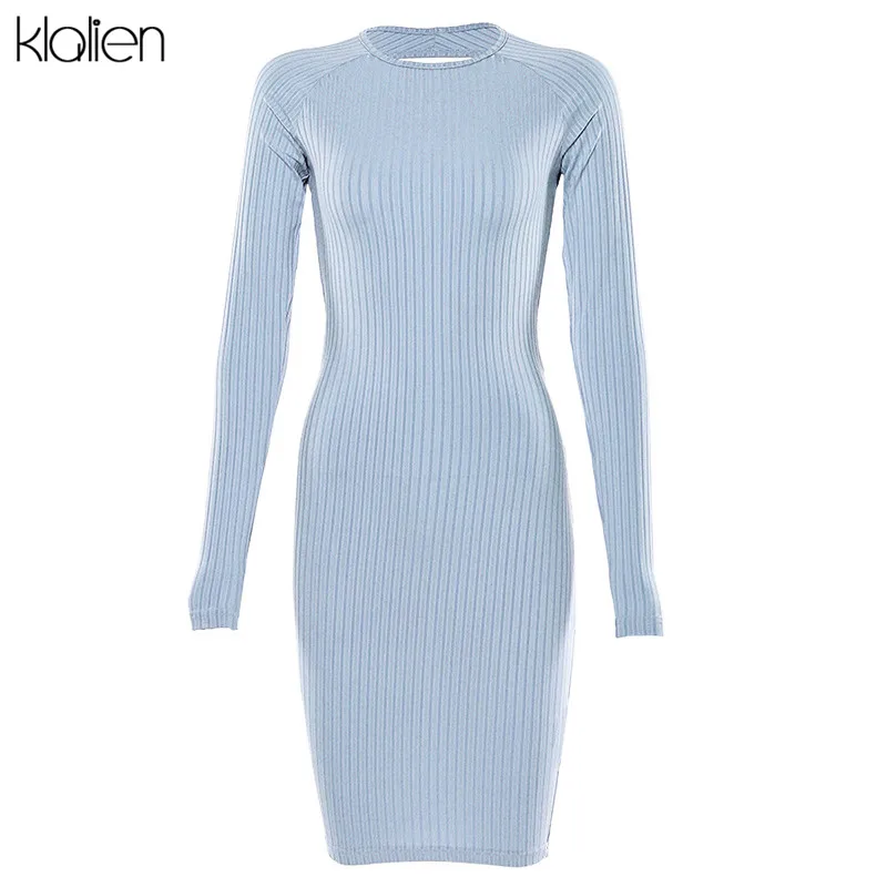 KLALIEN вязание с длинным рукавом bodycon спинки тонкий миди платья женские осень зима вечерние элегантное платье для клуба mujer 2 способа носить - Цвет: Синий