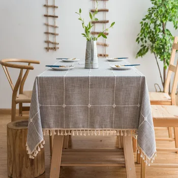

Dot Plaid Decorative Linen Tablecloth With Tassel Waterproof Thick Cloth Cover Dining Tea Table Table Oilproof Rectangular